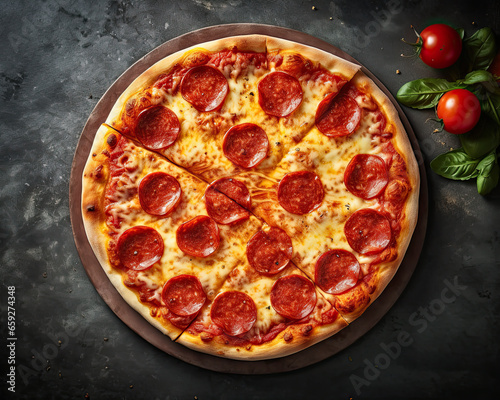Pepperoni pizza on black concrete background