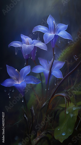 Mystical Illumination: Blue Flowers in a Dark Forest,flowers in the night