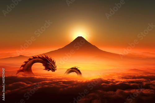 Bilde på lerret 雲海と富士山と竜