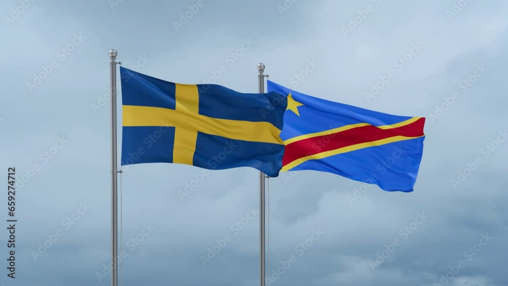 Democratic Republic of the Congo flag and Sweden flag waving together on cloudy sky, endless seamless loop, two country relations concept Democratic Republic of the Congo flag and Sweden flag waving together on cloudy sky, endless seamless loop, two country relations concept