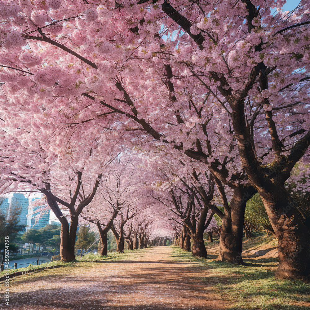 A Tranquil Journey through a Cherry Blossom Pathway,spring in the park,blossom tree in spring