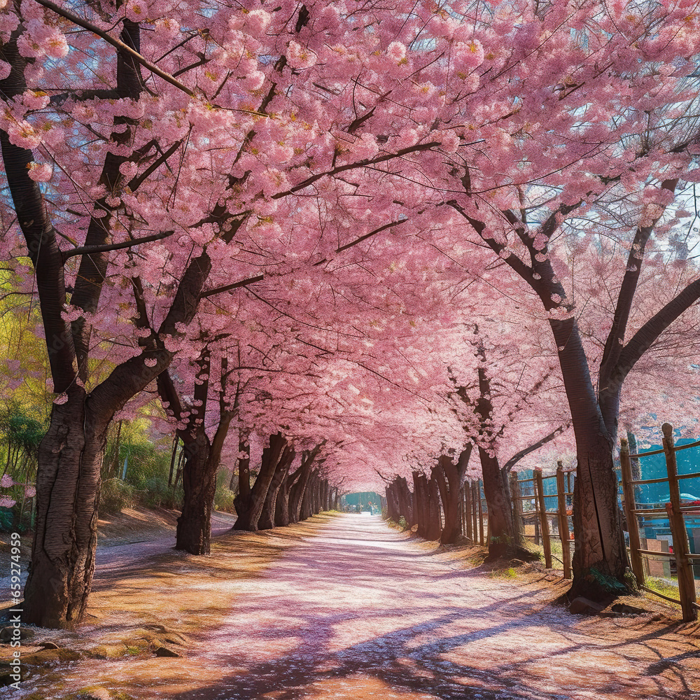 A Tranquil Journey through a Cherry Blossom Pathway,spring in the park,blossom tree in spring