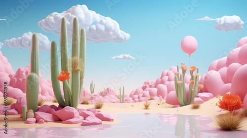 Cartoon landscape in the desert. A lake in the middle of the desert. Blue sky, pink ground. Green cacti in the desert.