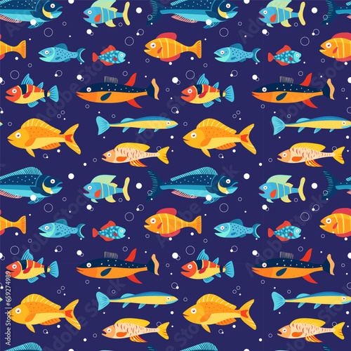 Multicolor marine life background, marine animals for children's textiles and various marine designs. Colorful seamless pattern with sea fish of different colors.
