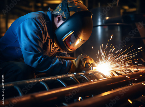 MIG welder uses torch to make sparks during manufacture of metal equipment.