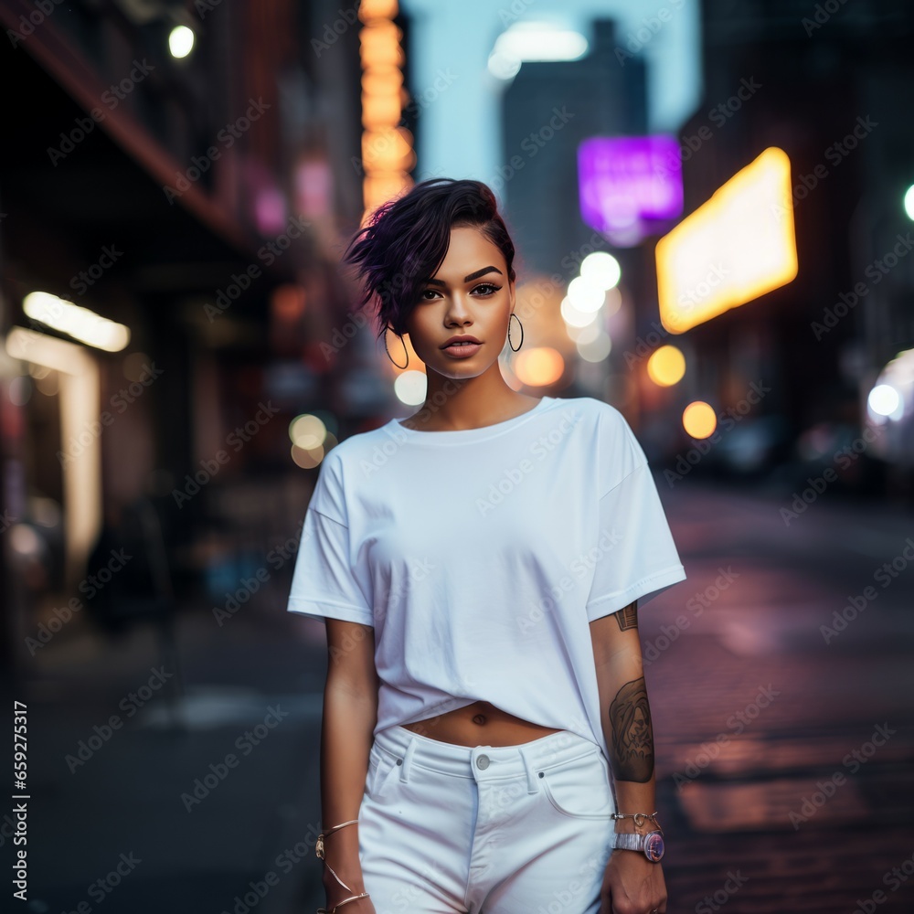 Fototapeta premium Woman t-shirt mockup, nighttime city. 