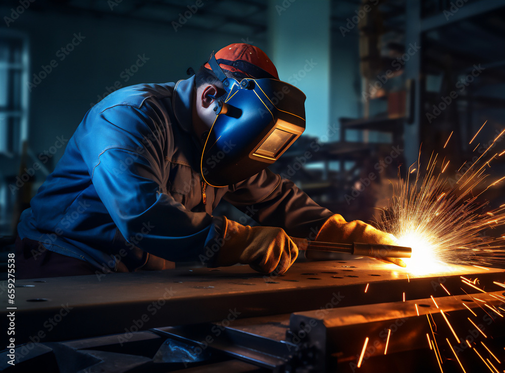 Industrial Worker at the factory welding close up Industrial Worker at the factory welding close up