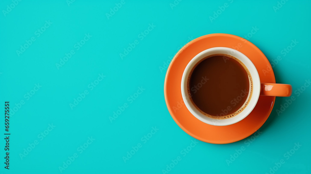 Beautiful Cyan Coffee Cup over Orange Background - obrazy, fototapety, plakaty 
