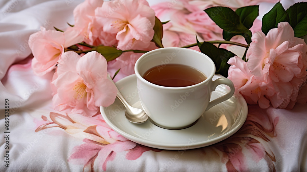 Eine Tasse Kaffee auf einem rosa Serviertablett Eine Tasse Kaffee auf einem rosa Serviertablett