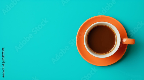Beautiful Cyan Coffee Cup over Orange Background photo