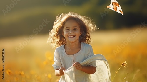happy girl playing a kite isolated on white  photo