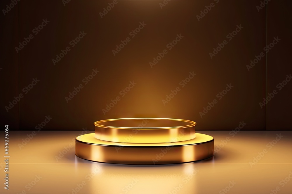 Empty podium design with gold accents. Spotlight on excellence. Stage presentation. Museum of minimalism. Golden cylinder pedestal design Empty podium design with gold accents. Spotlight on excellence. Stage presentation. Museum of minimalism. Golden cylinder pedestal design