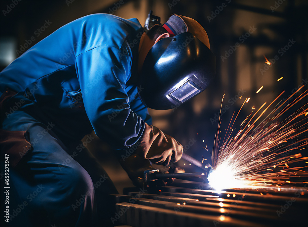 Εκτύπωση καμβά welder, craftsman, erecting technical steel Industrial steel welder in factory