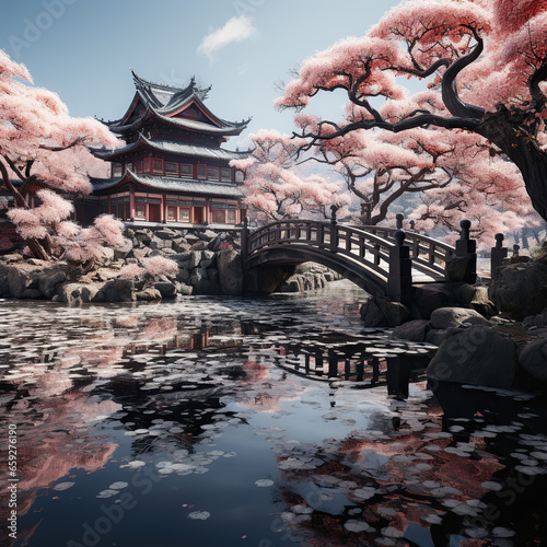 Springtime at a Japanese Temple with Cherry Blossoms,japanese temple in the morning,japanese garden with blossoms