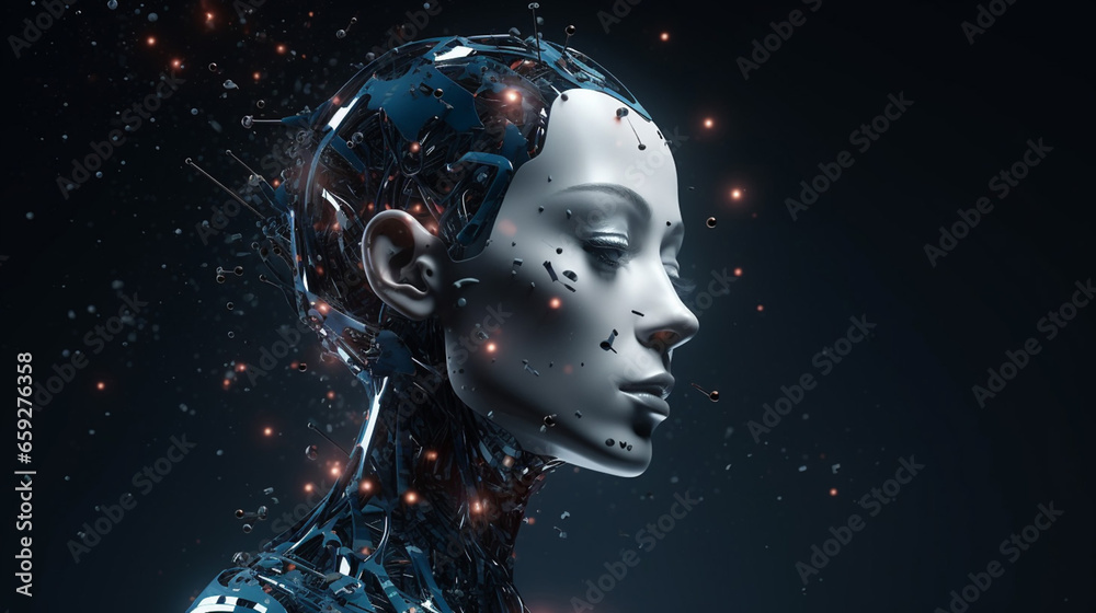 Modern The Head of a Cyborg on a Black Background 3D Robot Modern The Head of a Cyborg on a Black Background 3D Robot