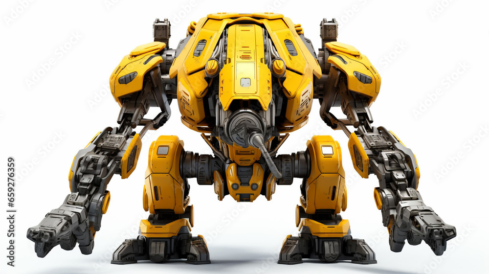 Futuristic Yellow Combat Mech in Action in a White Background