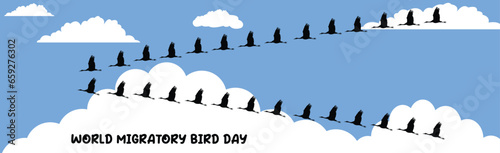  A flock of migrating birds on a blue sky with clouds. World Migratory Birds Day banner design.
