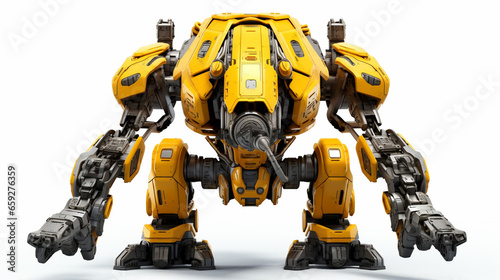Futuristic Yellow Combat Mech in Action in a White Background