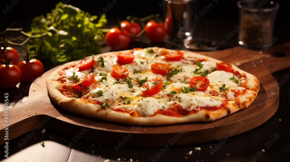 Fantastic Delicious pizza with mozzarella on a wooden board