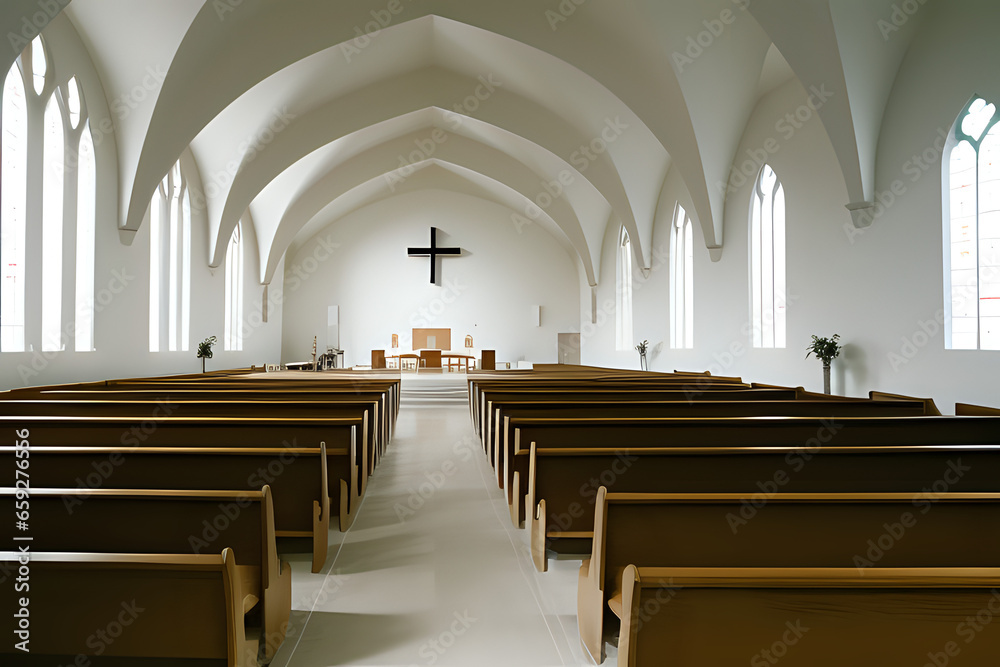 Interior view of modern church with empty pews. Interior of church. 3d rendering