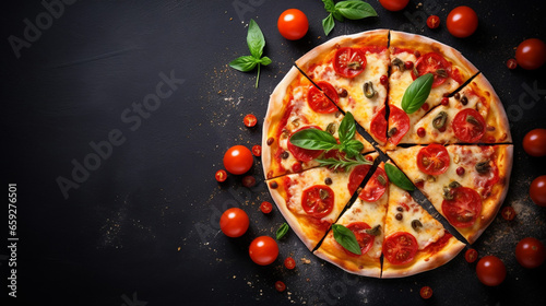 Beautiful Delicious Italian pizza four cheeses with basil tomato