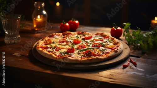 Delicious Italian pizza served on wooden table