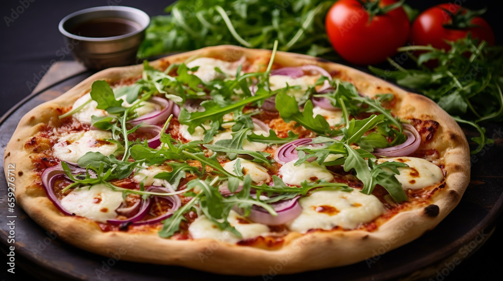 Elegant Freshly baked pizza with arugula tomato red onion