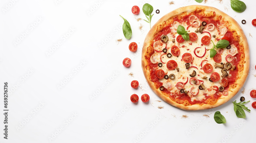 Fantastic Homemade Pizza on White Background Top View Copy Space