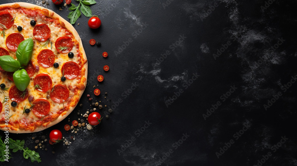Beautiful Homemade Pizza on a Black Stone Background
