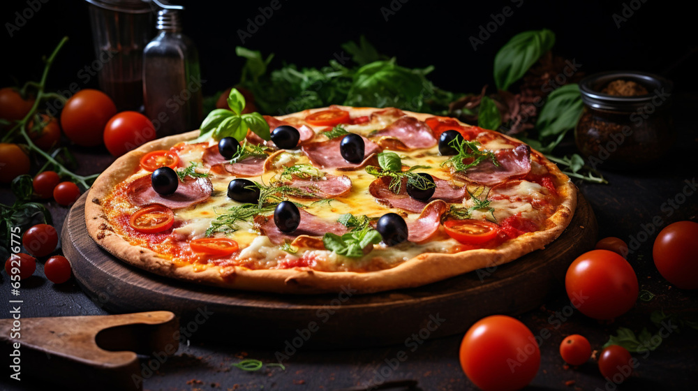 Beautiful Homemade Pizza with Ham Cheese Tomatoes and Olives