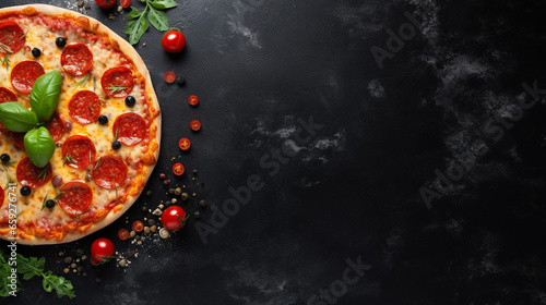 Beautiful Homemade Pizza on a Black Stone Background