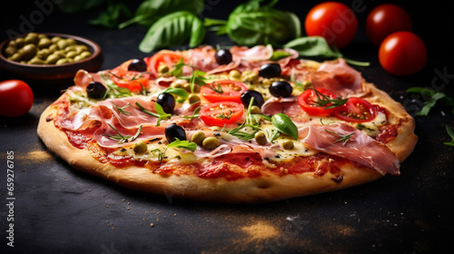 Modern Homemade Pizza with Ham Cheese Tomatoes and Olives