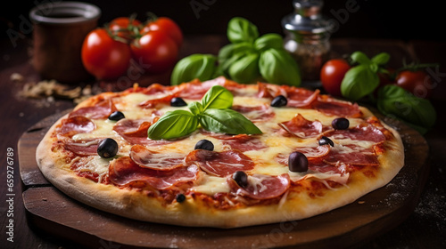 Elegant Homemade Pizza with Tomatoes Olives Salami Mozzarella