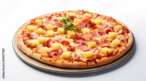 Pizza Hawaii with Ham and Pineapple Isolate on White