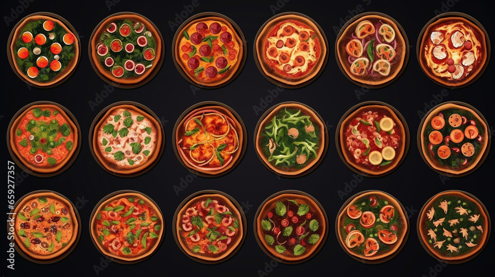Perfect Set of Flat Pizza Icons Isolated on Black Perfect Set of Flat Pizza Icons Isolated on Black