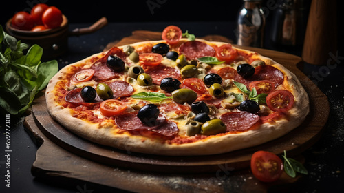 Elegant Pizza with Salami Olives and Basil