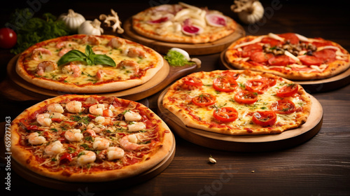 Beautiful Set of Hot Pizzas Pepper one Cheese Chicken and Tomato