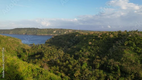 Aerial Flying Over Lush Tropical Forest Valley Leading to Gamat Bay Beach at Golden Hour in Nusa Penida, Bali Indonesia photo