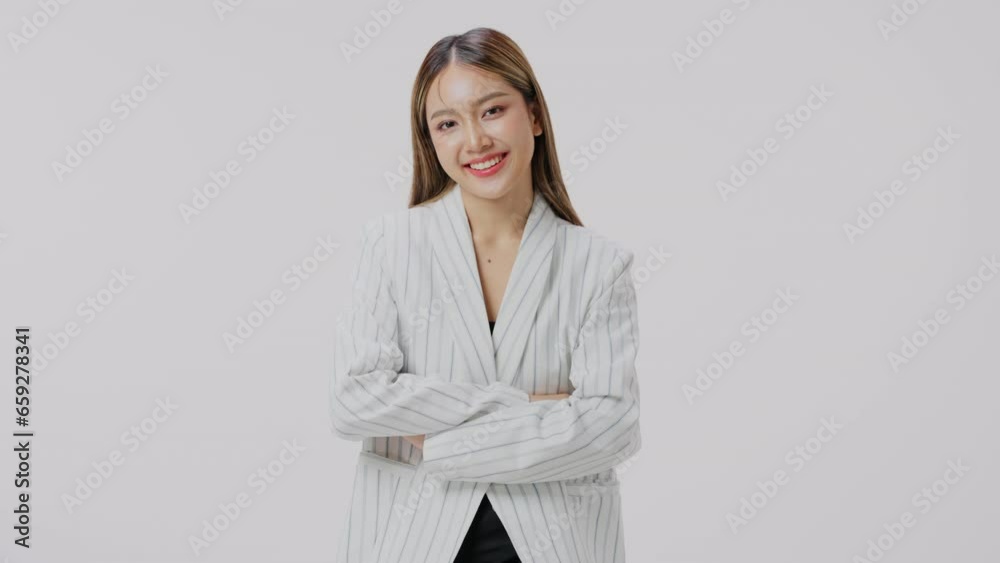 Portrait of woman wearing formal wear blazer white shirt smiling on gray background. Business concept. Portrait of woman wearing formal wear blazer white shirt smiling on gray background. Business concept.