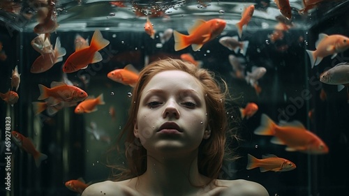portrait of a woman underwater with fish