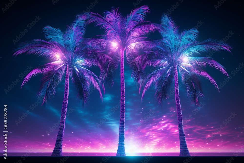 three palm trees in front of a neon wall, in the style of cosmic landscapes, dark sky-blue and violet, 