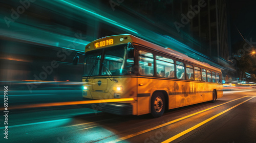 A bright yellow bus in motion at night
