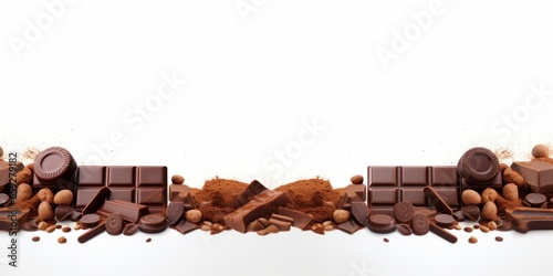 Chocolate candies on white background, banner, AI generated