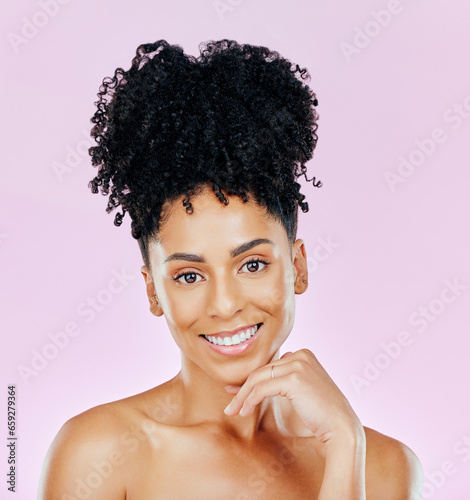 Smile, natural beauty and portrait of woman in studio with glowing skin results on pink background. Happy, face and female model with cosmetic satisfaction, wellness and skincare, treatment or shine