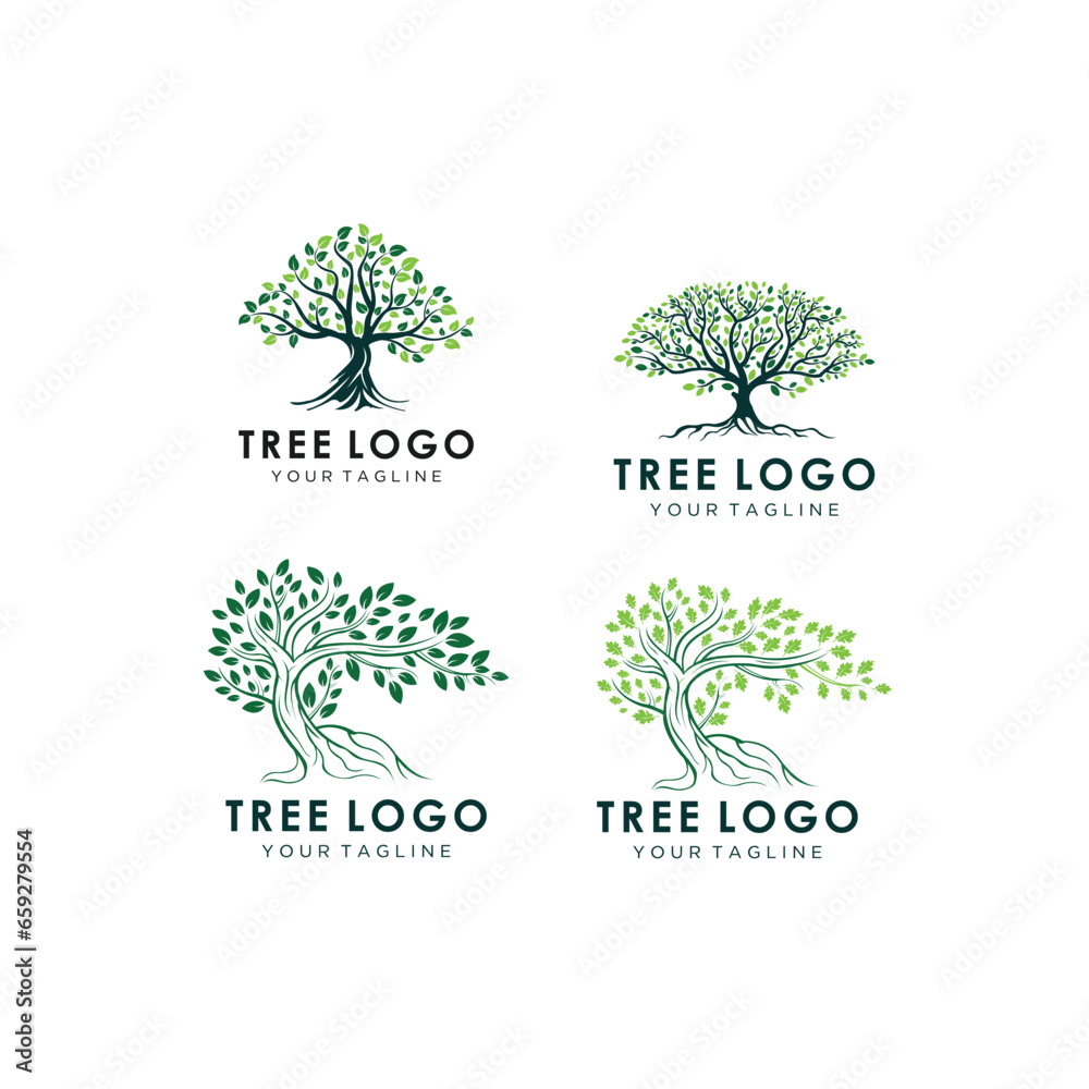 Obraz premium Abstract Tree of life logo icons set. Organic nature symbols. Tree branch with leaves signs. Natural plant design elements emblems. Vector illustration.