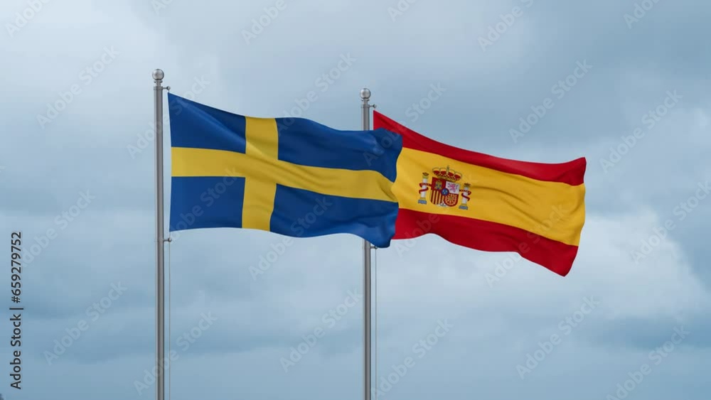 Spain and Sweden flag waving together on cloudy sky, endless seamless loop, two country cooperation concept Spain and Sweden flag waving together on cloudy sky, endless seamless loop, two country cooperation concept