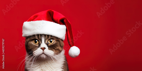 Close-up of an expressive cat wearing a Santa Claus hat on a red background with copy space