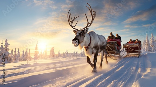 A sleigh pulled by reindeer on the winter background Ai Generative © Tebha Workspace