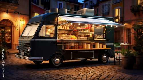 Street food van. Street with captivating atmosphere and Italian architecture. Banner.