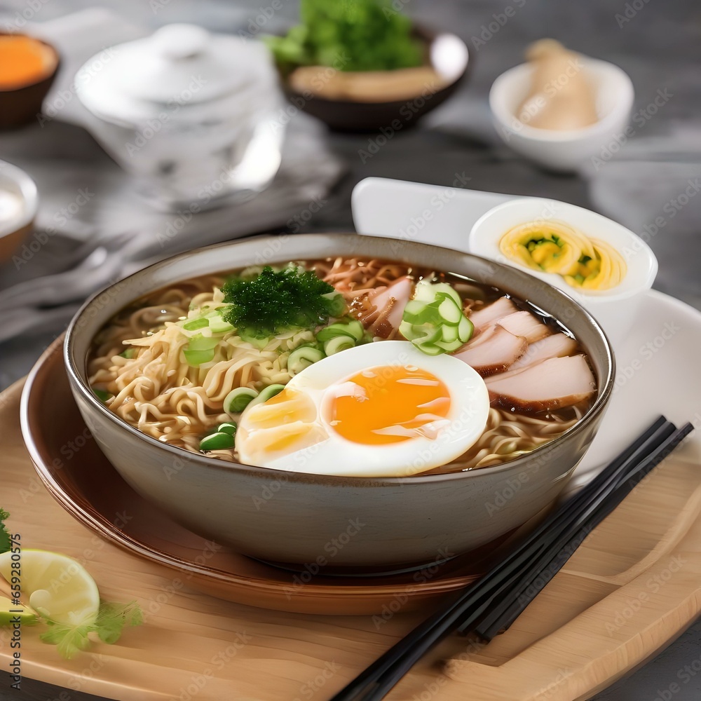 A bowl of piping hot ramen with a soft-boiled egg and sliced pork3 A bowl of piping hot ramen with a soft-boiled egg and sliced pork3